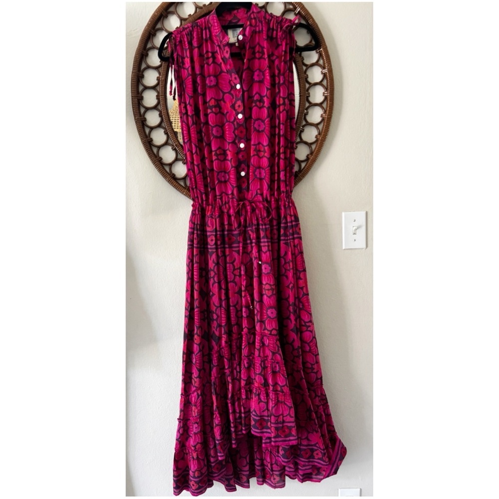 Fuchsia Floral Button-Front Maxi Dress with Tie Waist